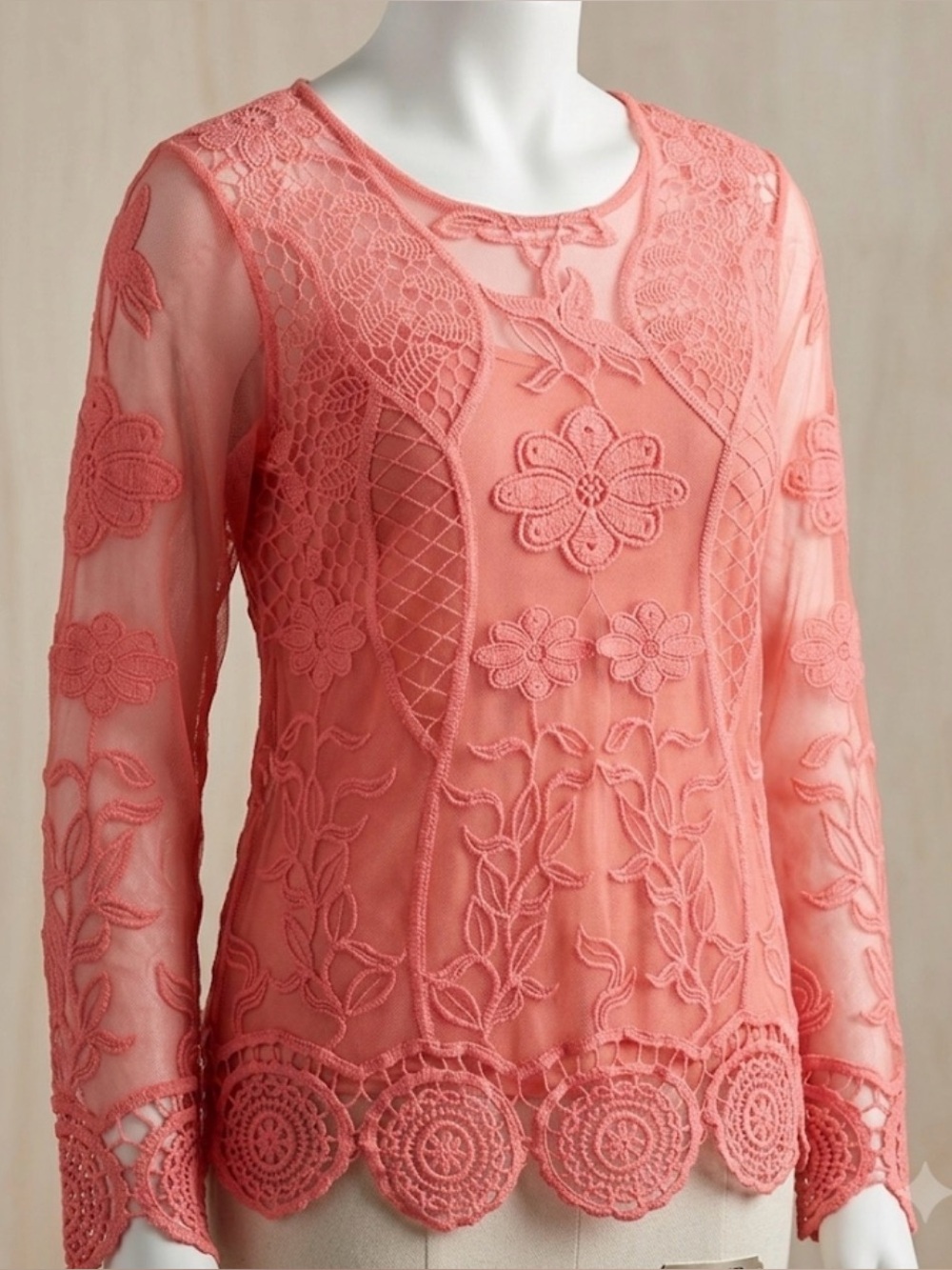 Vintage Blair Coral Crochet Sheer Lace Floral Long-Sleeve Top Size XL